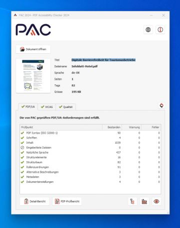 Screenshot PAC Software mit einem geprüften PDF: alle Kriterien erfüllt.