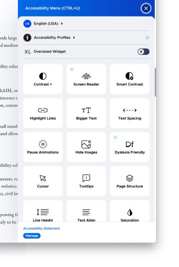 Userinterface eines Overlay Tools auf einer Website mit verschiedenen Einstellfunktionen für Beeinträchtigungen.