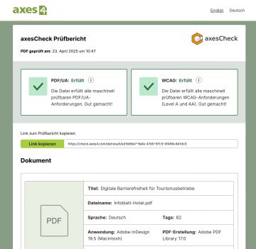 Screenshot axescheck Website mit Prüfbericht für ein Dokument, alle Kriterien erfüllt.