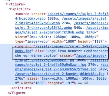 HTML-Code eines Bildes, hervorgehoben ist die Textzeile mit einem alt-Tag