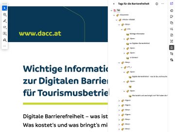Screenshot von Adobe Acrobat mit einem geöffneten Dokument, das Tag-Struktur-Fenster ist geöffnet und zeigt verschiedene Tags