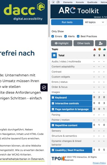Benutzeroberfläche des Plug-ins ARC Toolkit mit Fehlern, Hinweisen und Best practice.
