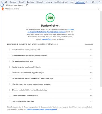 Prüfungsergebnis von Lighthouse: 100 Prozent Barrierefreiheit